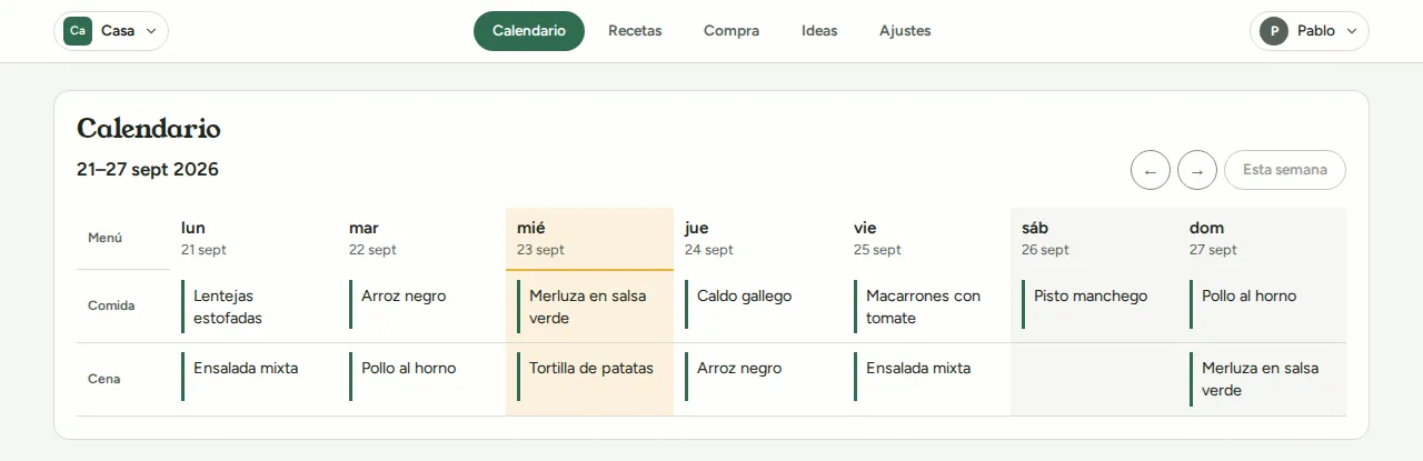 El calendario semanal de Wenu, con la comida y la cena de cada día
