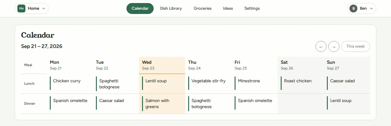 Wenu’s weekly calendar, with lunch and dinner planned for each day